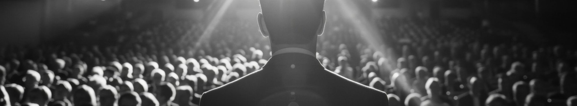Speaker addressing a packed auditorium from the stage, shot from behind, highlighting the engagement with the audience.