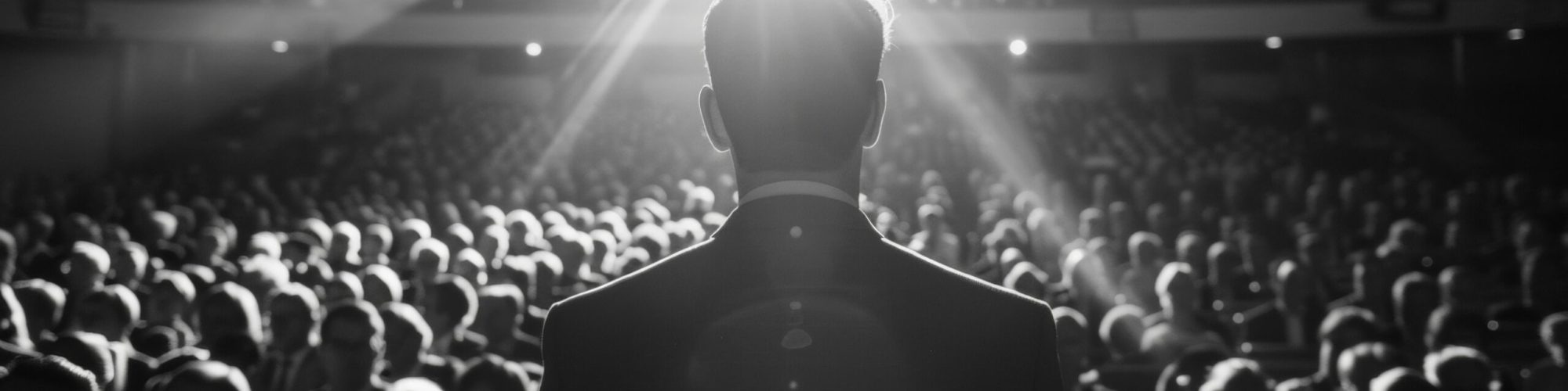 Speaker addressing a packed auditorium from the stage, shot from behind, highlighting the engagement with the audience.